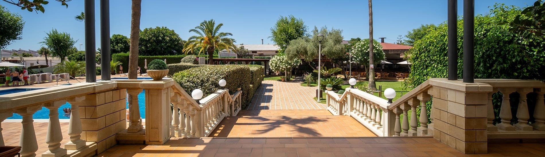 escaleras que conducen a una piscina rodeada de palmeras