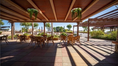 Sunny outdoor terrace at Pato Rojo Hotel in Punta Umbria, Huelva, with wooden pergolas, wicker chairs, and lush plants.