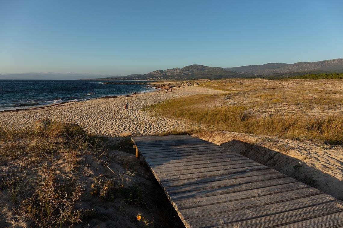Praia de dunas com passadiço e mar azul. Um ambiente Pato: Corporativa à beira-mar.