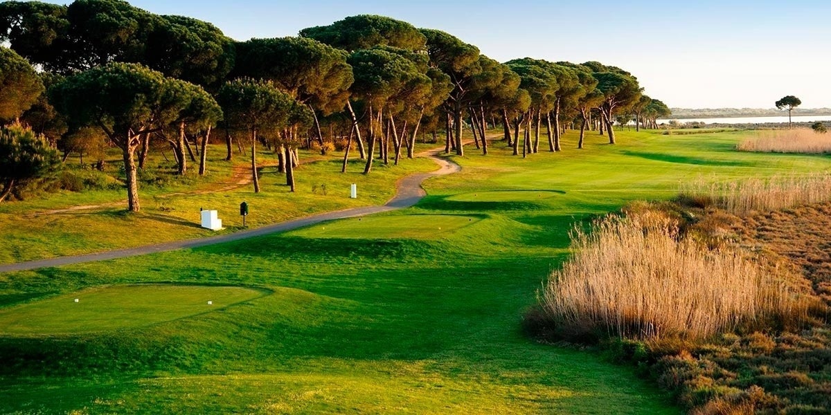 Campo de golfe exuberante com pinheiros e lago. Perfeito para eventos Pato: Corporativa.
