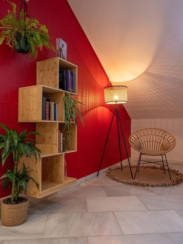 Stylish Pato Rojo Hotel corner: red wall, wooden shelves, plants, warm lighting, rattan chair.
