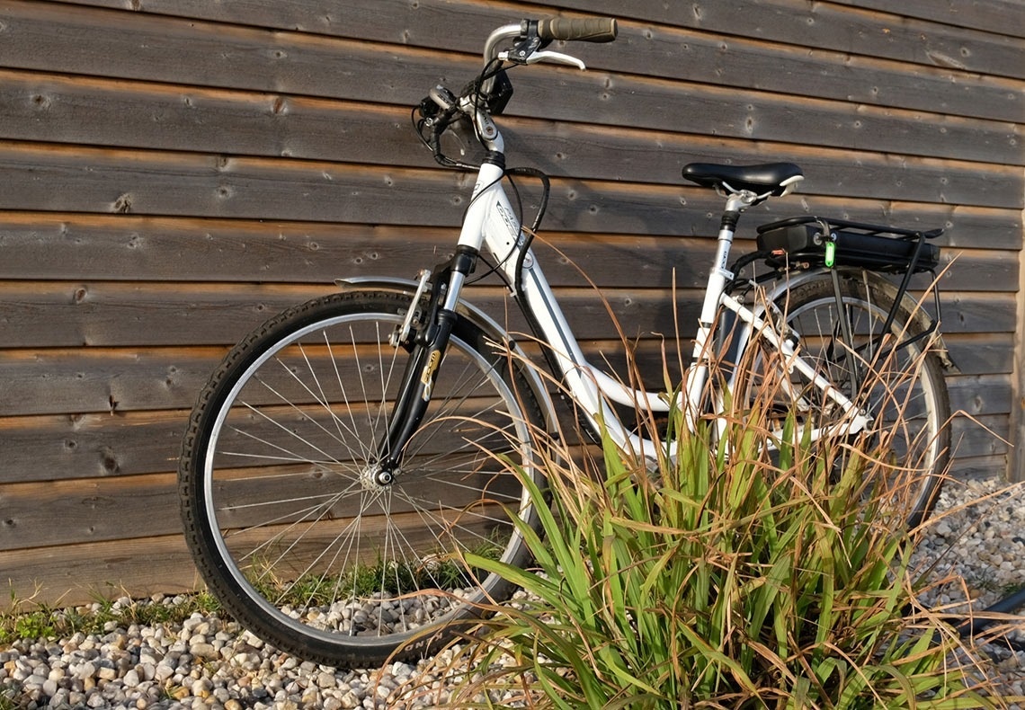 uma bicicleta branca está estacionada em frente a uma parede de madeira