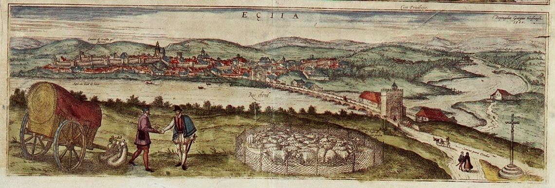 un dibujo antiguo de un pueblo llamado eclia