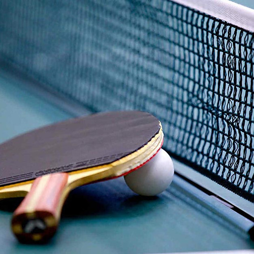 Paleta de ping pong y pelota junto a la red de la mesa de tenis de mesa. Playa Esperanza Resort