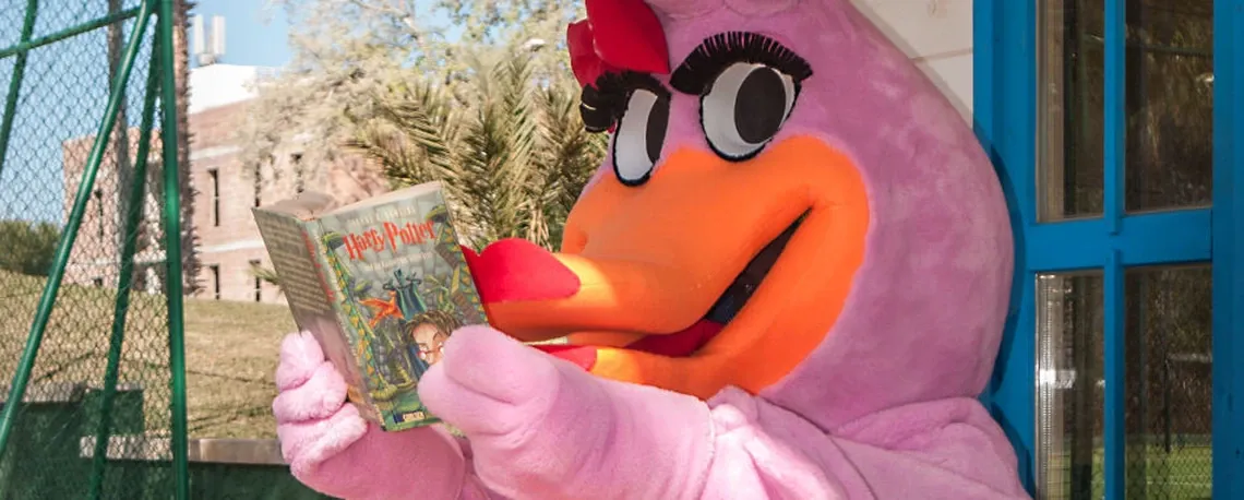 Disfraz de pollo rosa leyendo un libro de Harry Potter junto a una ventana azul en un Playa Esperanza Resort