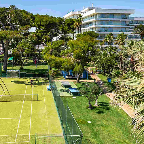 Pista de tenis en hotel con palmeras y vistas al mar. ¡Disfruta de Playa Esperanza Resort!