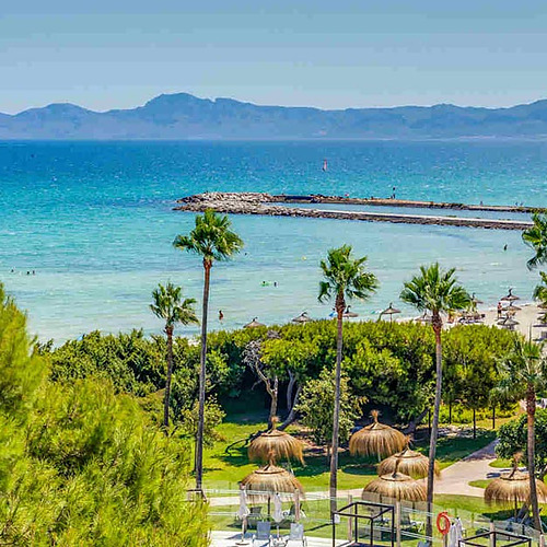 Vista panorámica de la playa del hotel con palmeras, tumbonas y mar turquesa. Playa Esperanza Resort