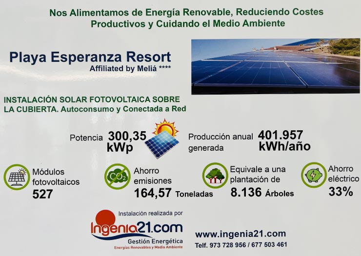 Playa Esperanza Resort: instalación solar Playa Esperanza Resort, 300,35 kWp, 401.957 kWh/año.