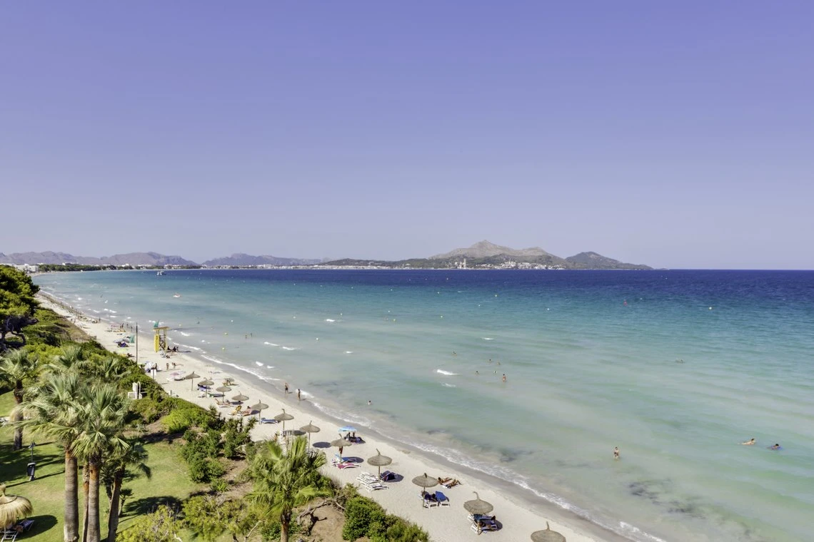Playa de arena con palmeras y mar turquesa, ideal para Playa Esperanza Resort en vacaciones.
