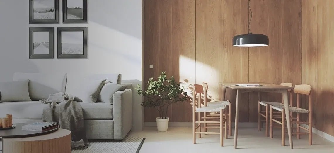 una sala de estar con un sofá y una mesa de comedor