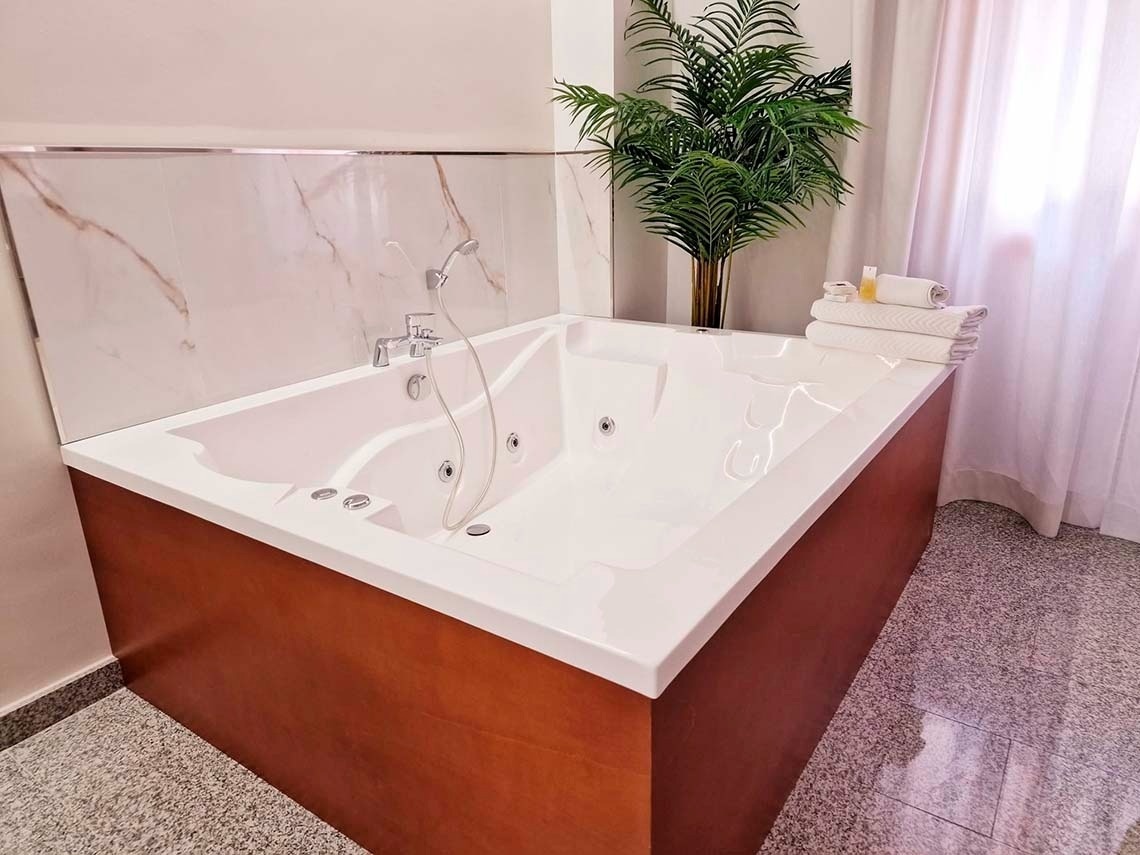 a jacuzzi tub in a bathroom next to a plant