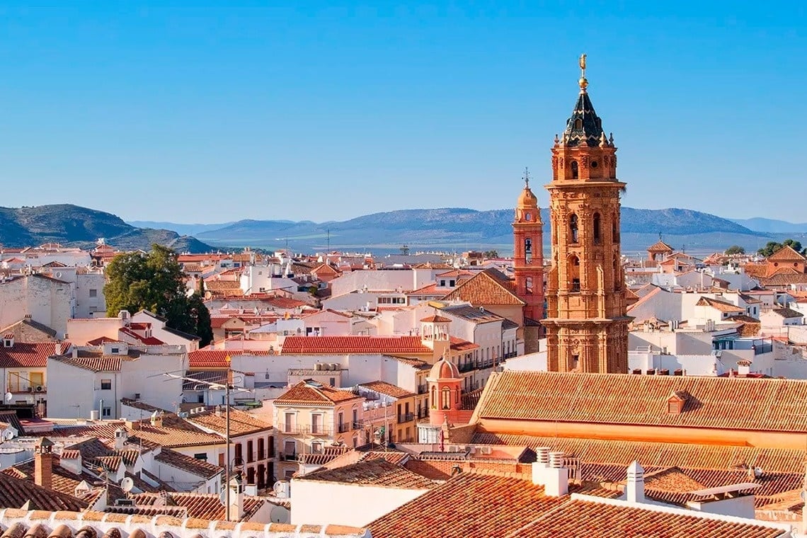 an aerial view of a city with mountains in the background