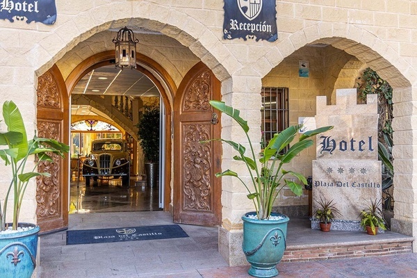 la entrada al hotel plaza del castillo con una puerta de madera tallada