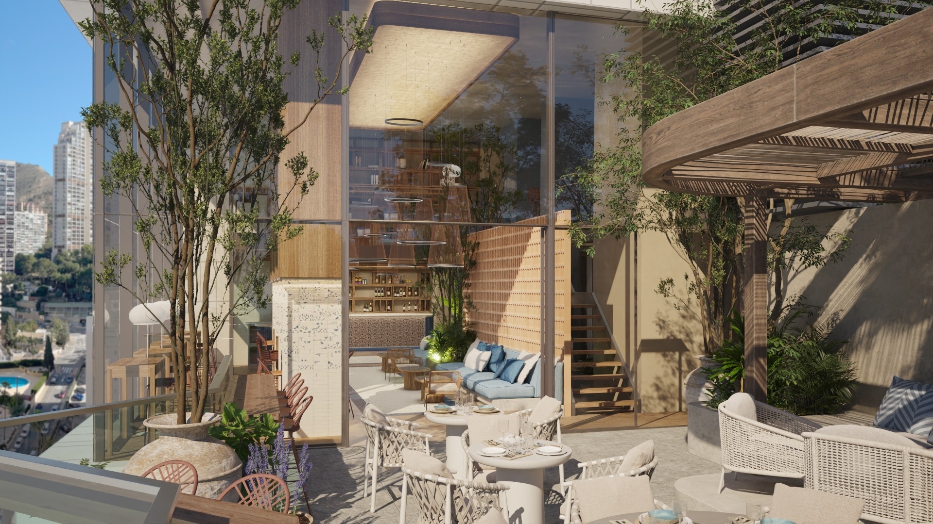 Terraza de Port Hotels: Corporativa, vistas urbanas y mobiliario moderno.