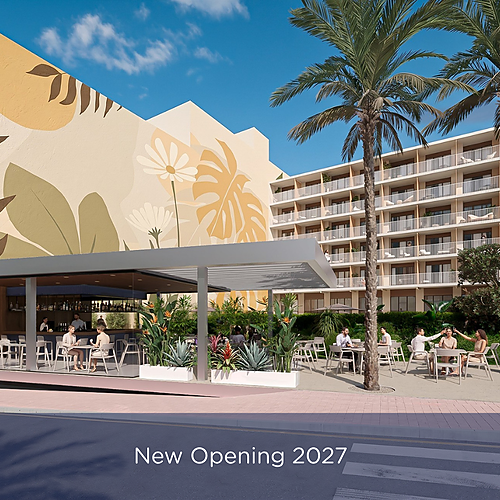 Modern resort hotel with tropical mural, outdoor bar and dining. Port Hotels: Corporativa opening 2027.