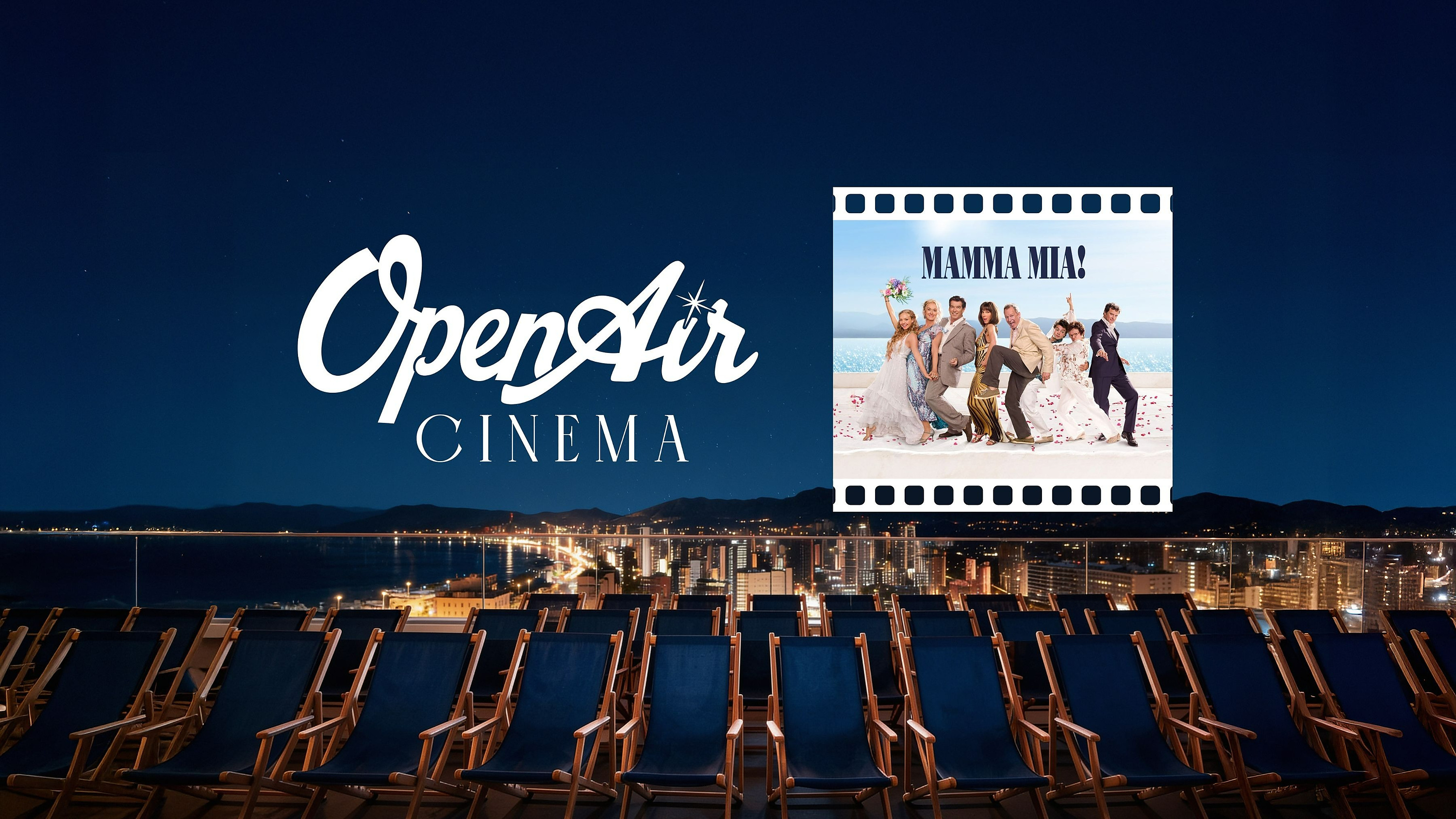 Open Air Cinema showing Mamma Mia! with rows of chairs overlooking a city skyline at night. Port Hotels: Corporativa