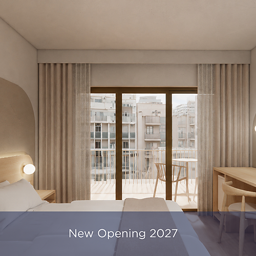 Modern hotel room with balcony and text 