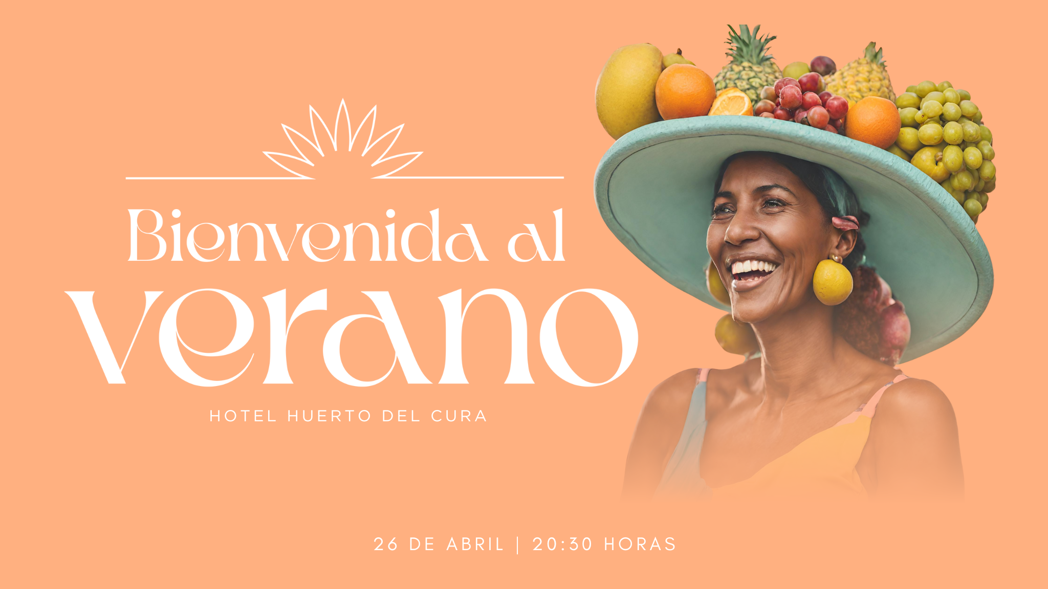 un cartel de bienvenida al verano con una mujer con un sombrero lleno de frutas