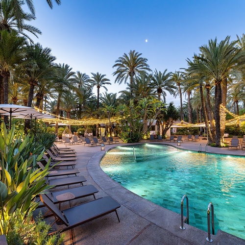 a large swimming pool surrounded by palm trees and chairs