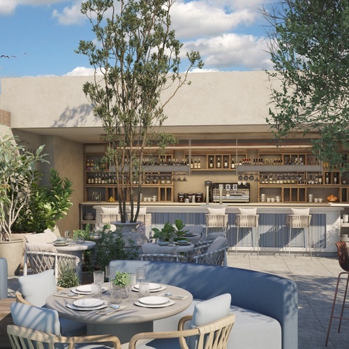 una representación artística de un restaurante con mesas y sillas