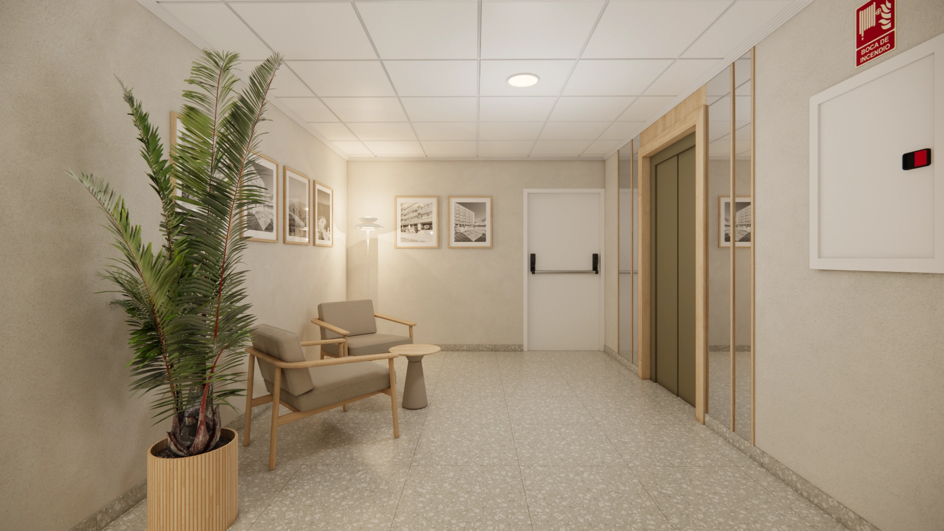 Port Hotels: pasillo moderno con ascensor, sala de espera y decoración elegante.