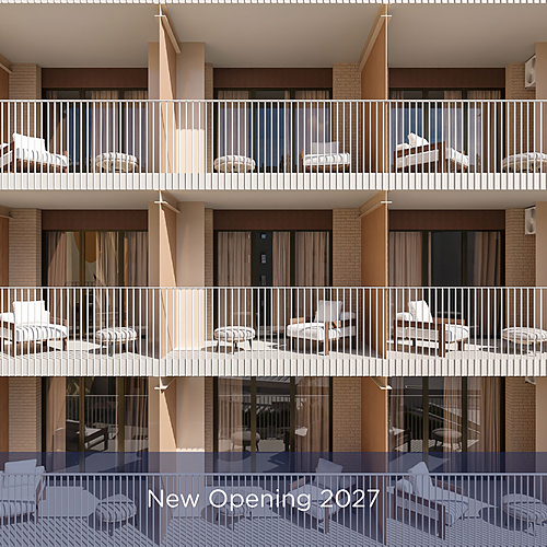Hotel balconies with seating and a 'New Opening 2027' overlay. Port Hotels: Corporativa