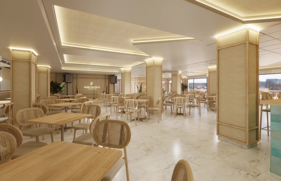 Port Hotels: elegante comedor de hotel con mesas de madera y sillas de ratán.
