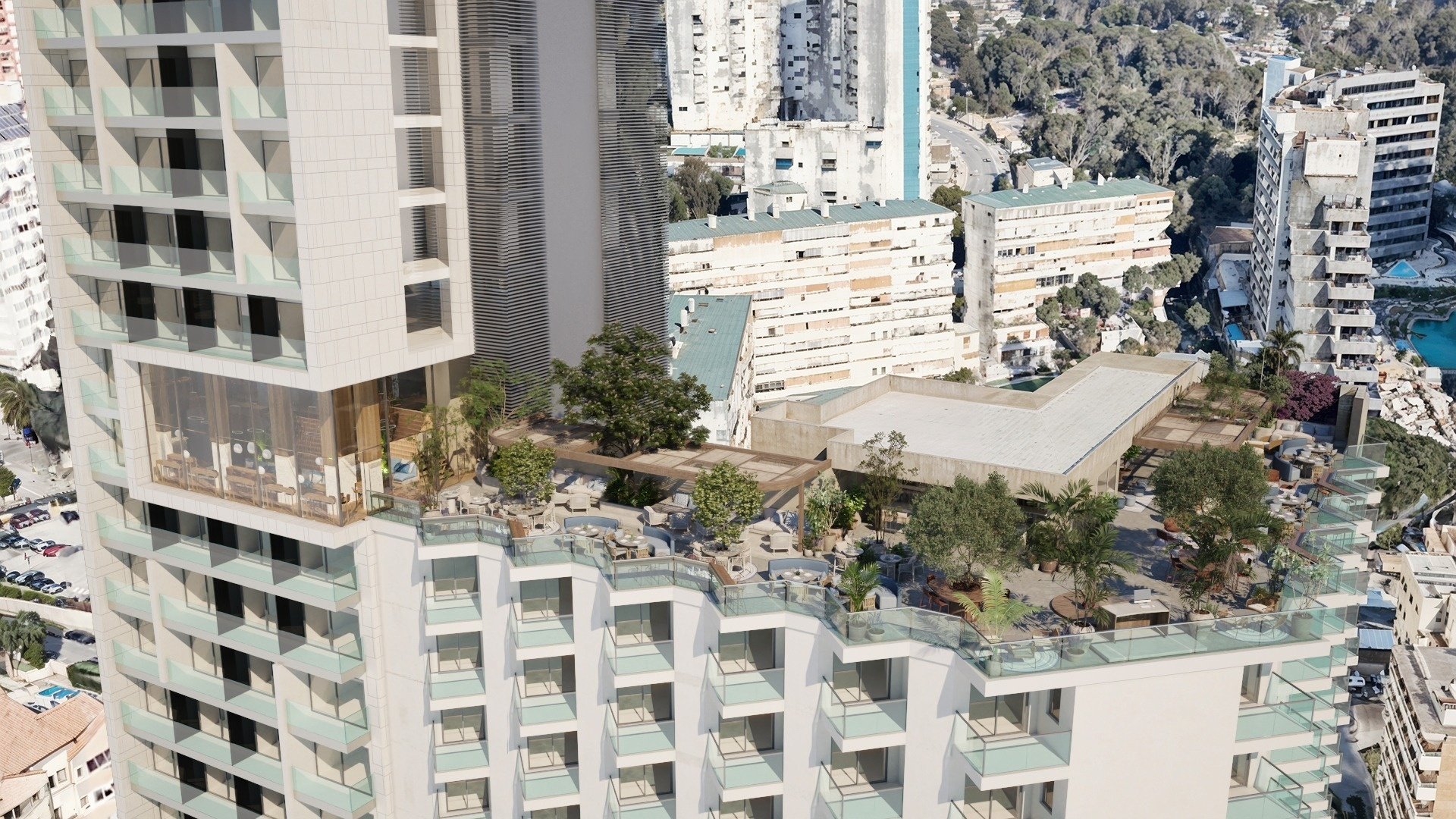 una vista aérea de un edificio de apartamentos con balcones