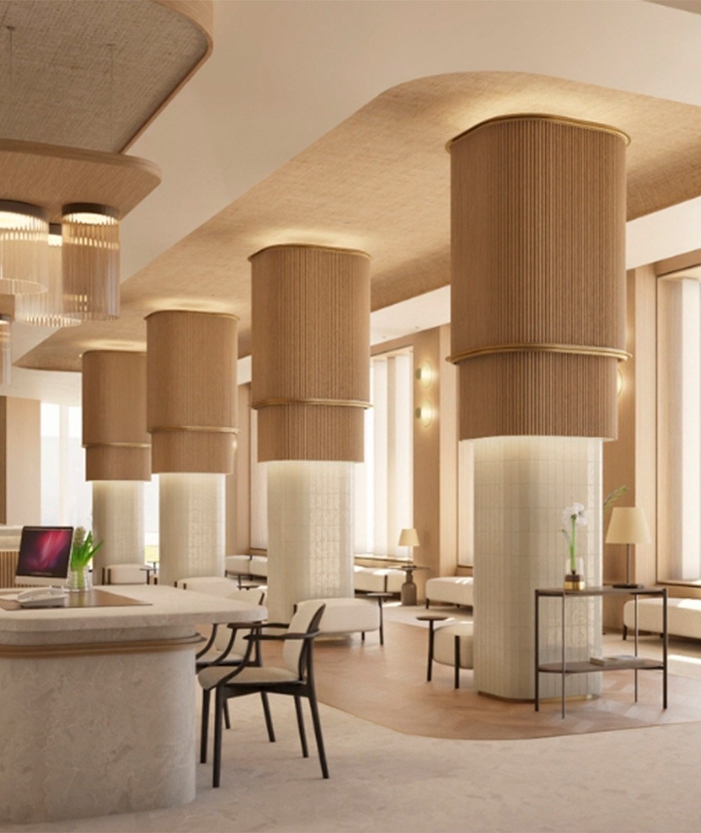 una representación artística de un restaurante con mesas y sillas