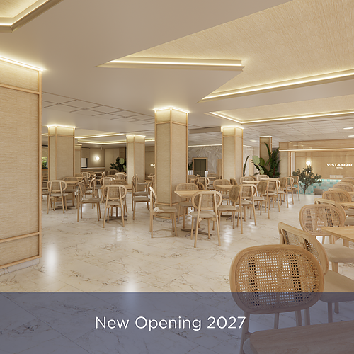 Elegant dining room at Port Hotels: Corporativa Hotel, featuring rattan chairs, light wood tables, and ambient lighting.