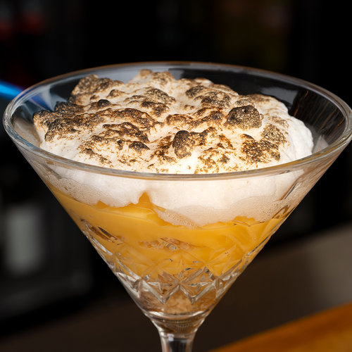 un cóctel en una copa de martini con merengue encima