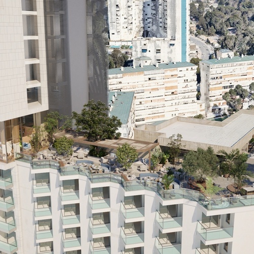 una vista aérea de un edificio de apartamentos con balcones