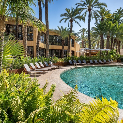 a large swimming pool is surrounded by palm trees and chairs