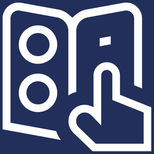 Un icono que representa un libro o manual abierto, con dos círculos en la página izquierda y una mano interactuando con la página derecha.