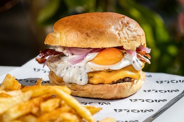 una hamburguesa y papas fritas están envueltos en papel mola