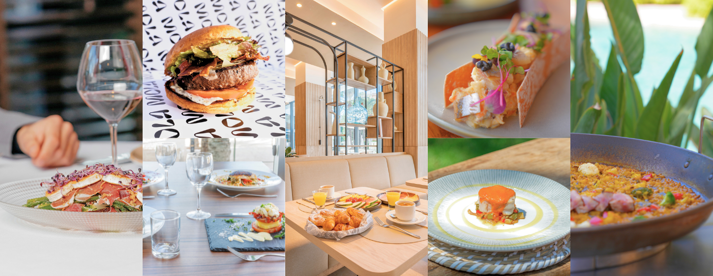 un collage de fotos de comida en un restaurante con la palabra vida en la pared