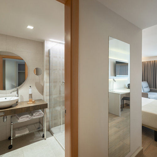 una habitación de hotel con un lavabo y un espejo