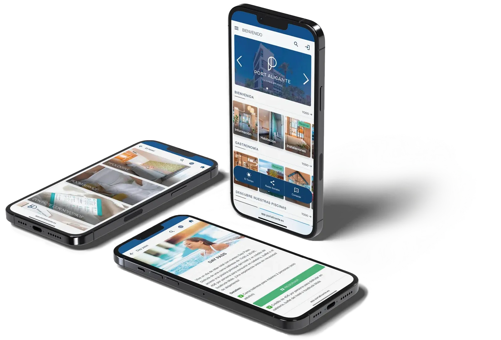 Port Hotels: Corporativa, iPhones mostrando web de hotel, habitaciones y resort en el Mediterráneo.