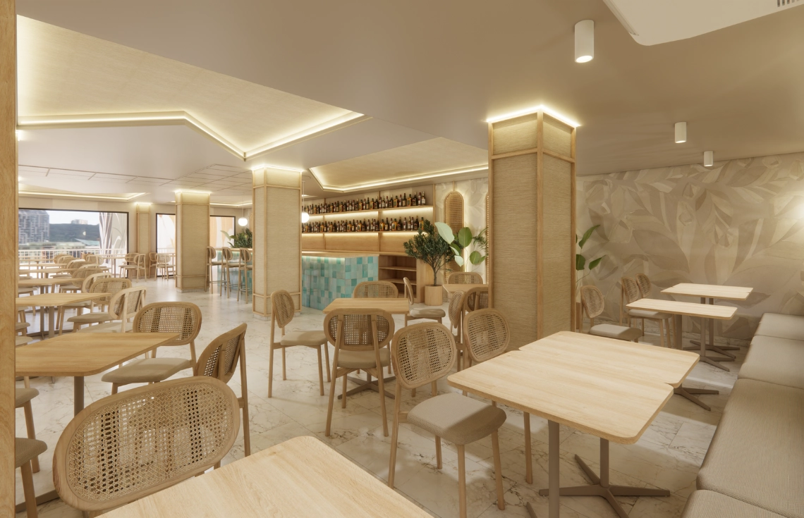 Port Hotels: moderno restaurante de hotel con mesas de madera y sillas de mimbre, iluminación cálida.