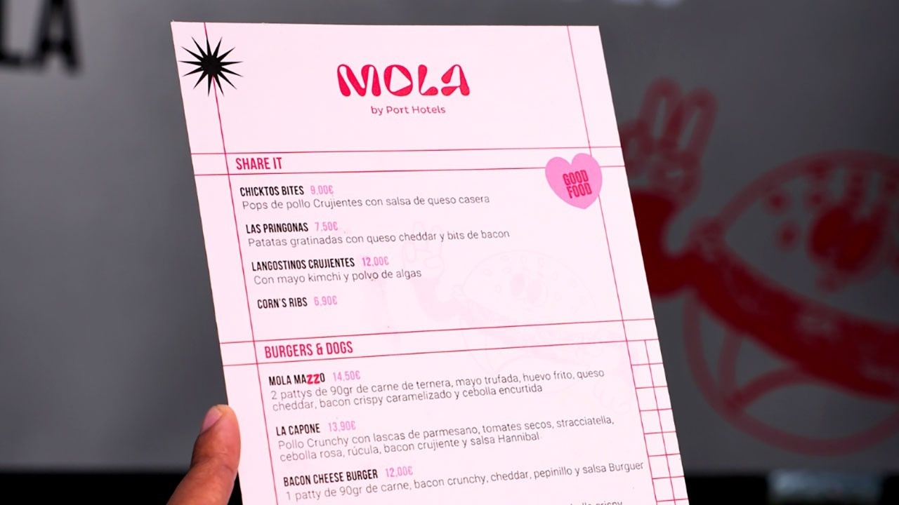 a pink and white menu for mola by port hotels