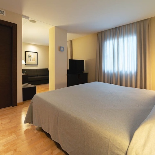 una habitación de hotel con una cama y una televisión