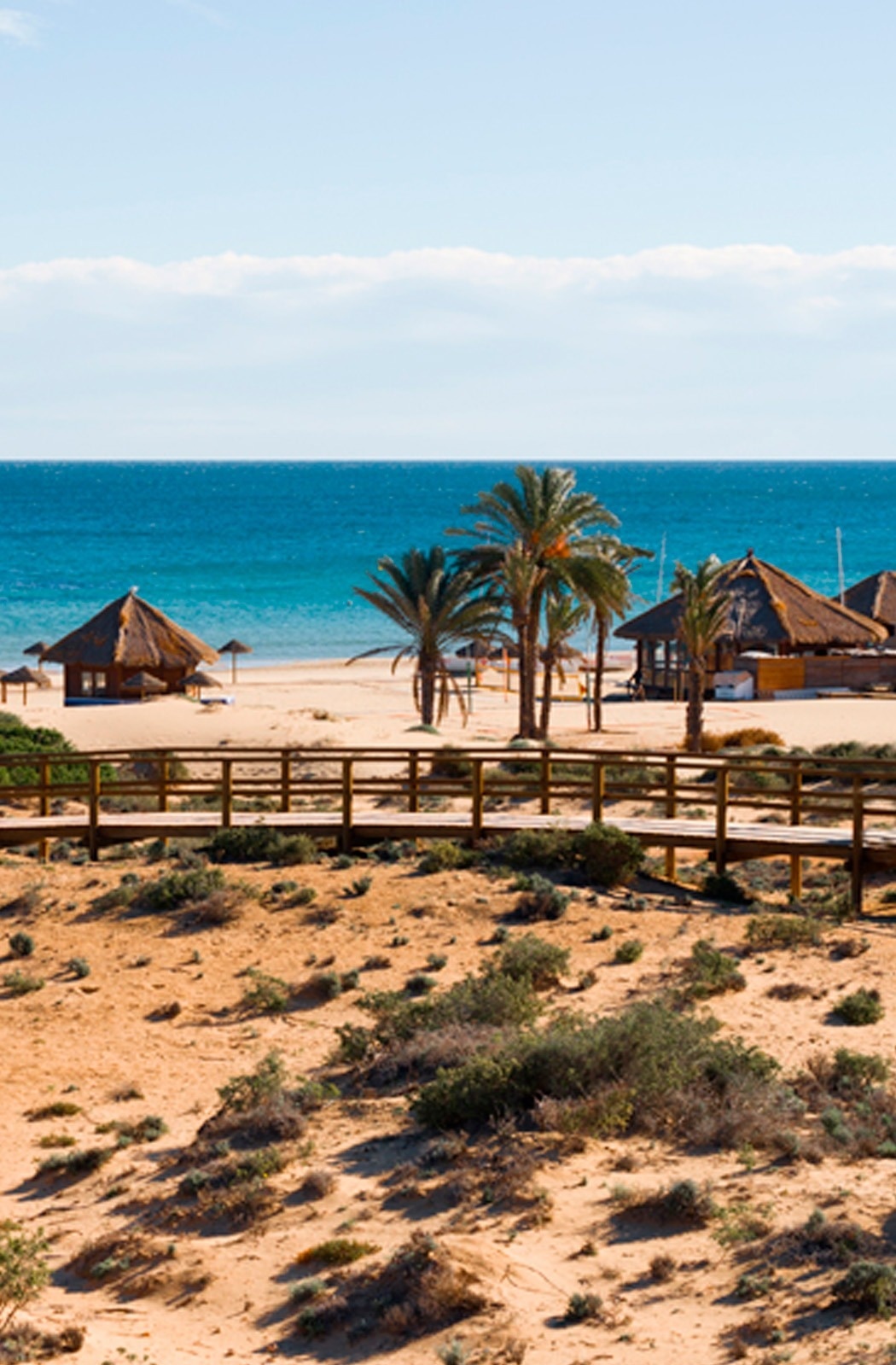 Resort de playa con cabañas de paja, palmeras y pasarela de madera junto al mar azul.