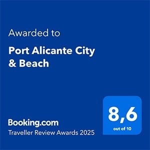 a blue sign that says `` awarded to port alicante city & beach ''