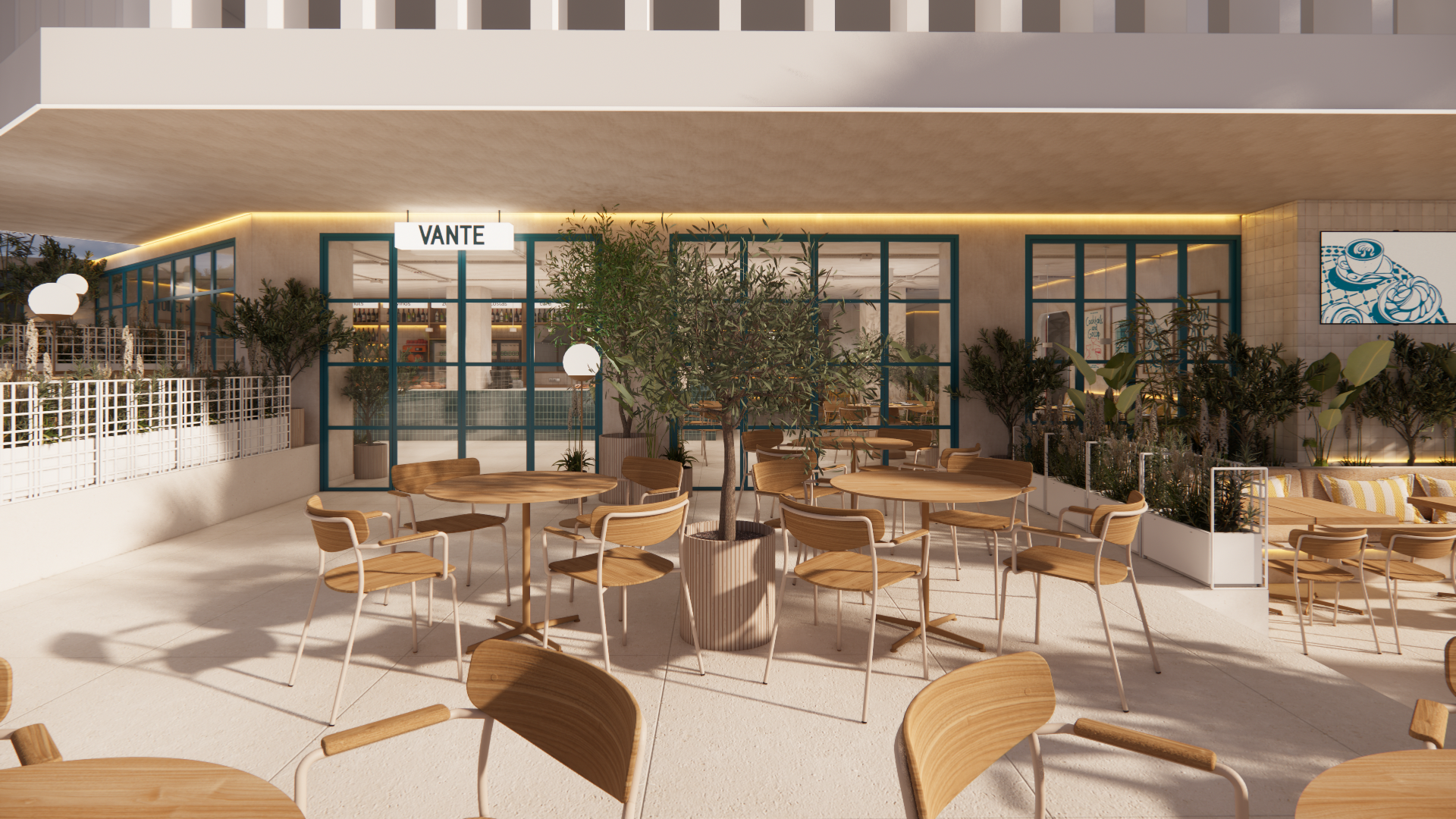 Terraza de hotel con mesas y sillas de madera para disfrutar del aire libre Port Hotels: Corporativa.