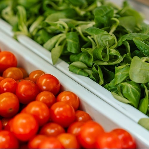 a tray of tomatoes next to a tray of spinach