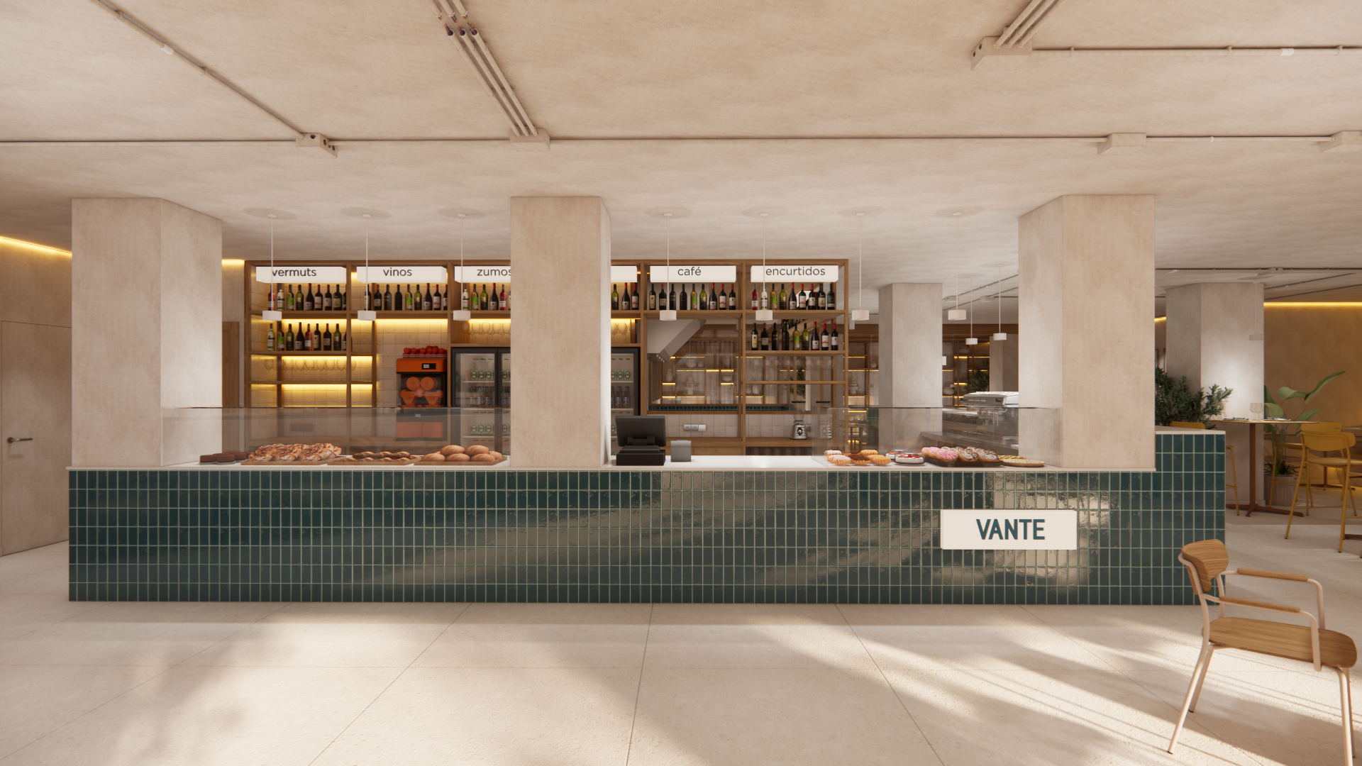 Un comptoir de restaurant/bar d'hôtel moderne avec des bouteilles et des pâtisseries. Idéal pour Port Hotels: Corporativa.
