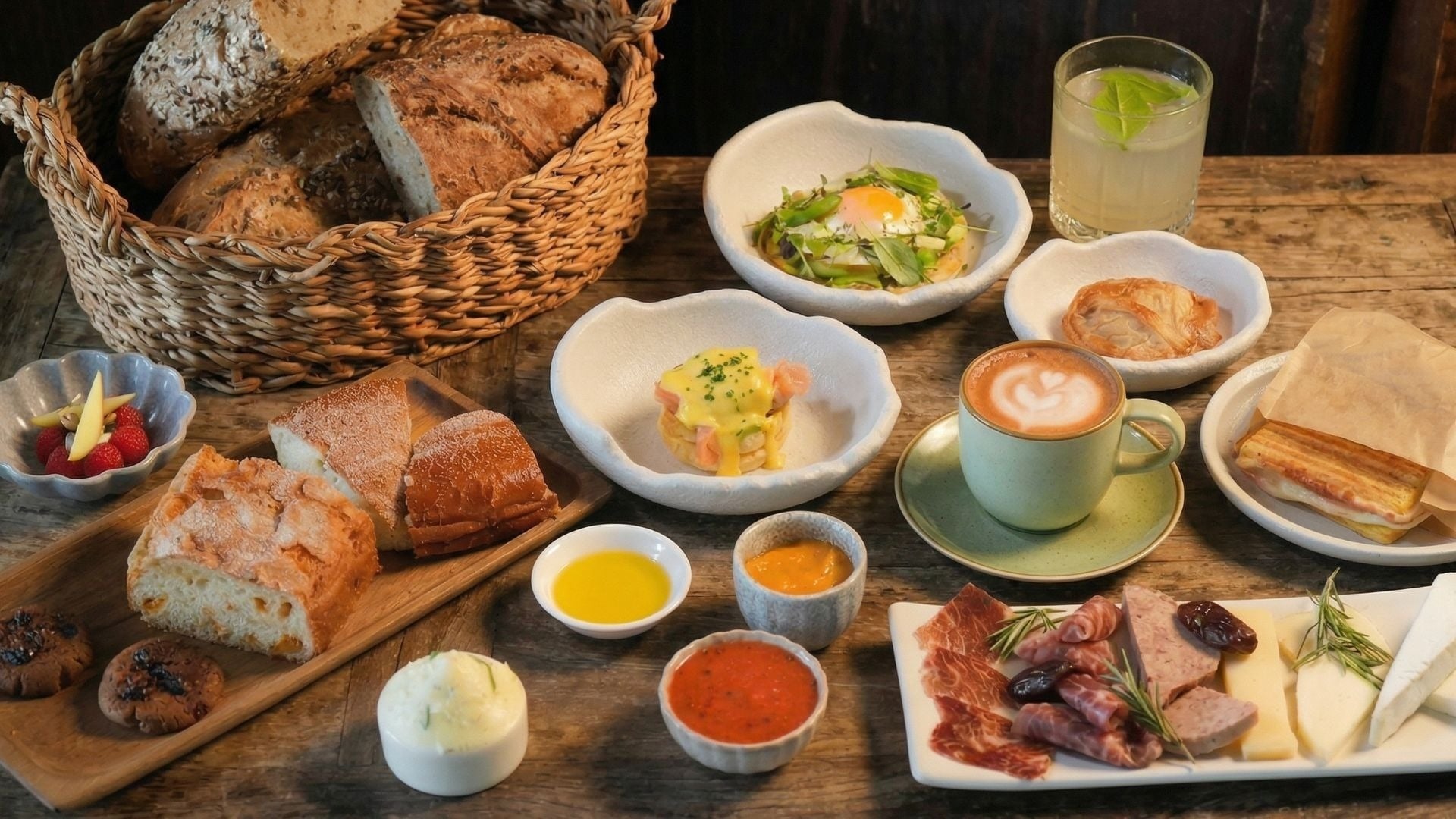 Un abundante y variado brunch se exhibe sobre una mesa rústica de madera, con pan, huevos, embutidos, quesos y bebidas diversas.