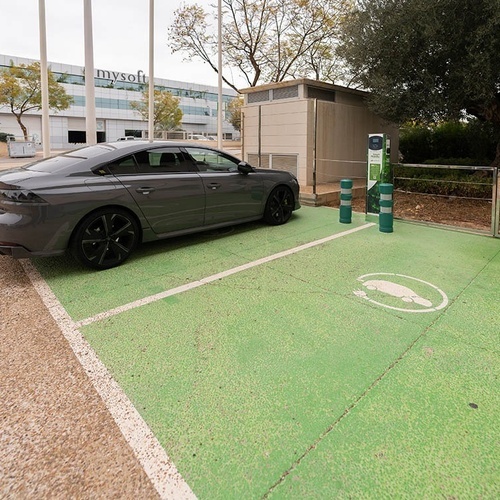 un coche está estacionado en un estacionamiento verde frente a un edificio mysoft