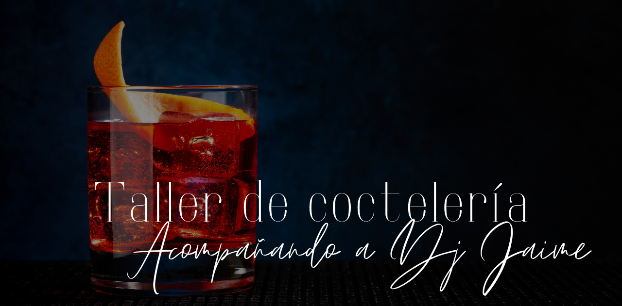 a taller de cocteleria advertisement with a glass of red liquid