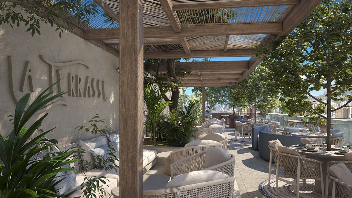 an artist 's impression of a terrasse restaurant with tables and chairs